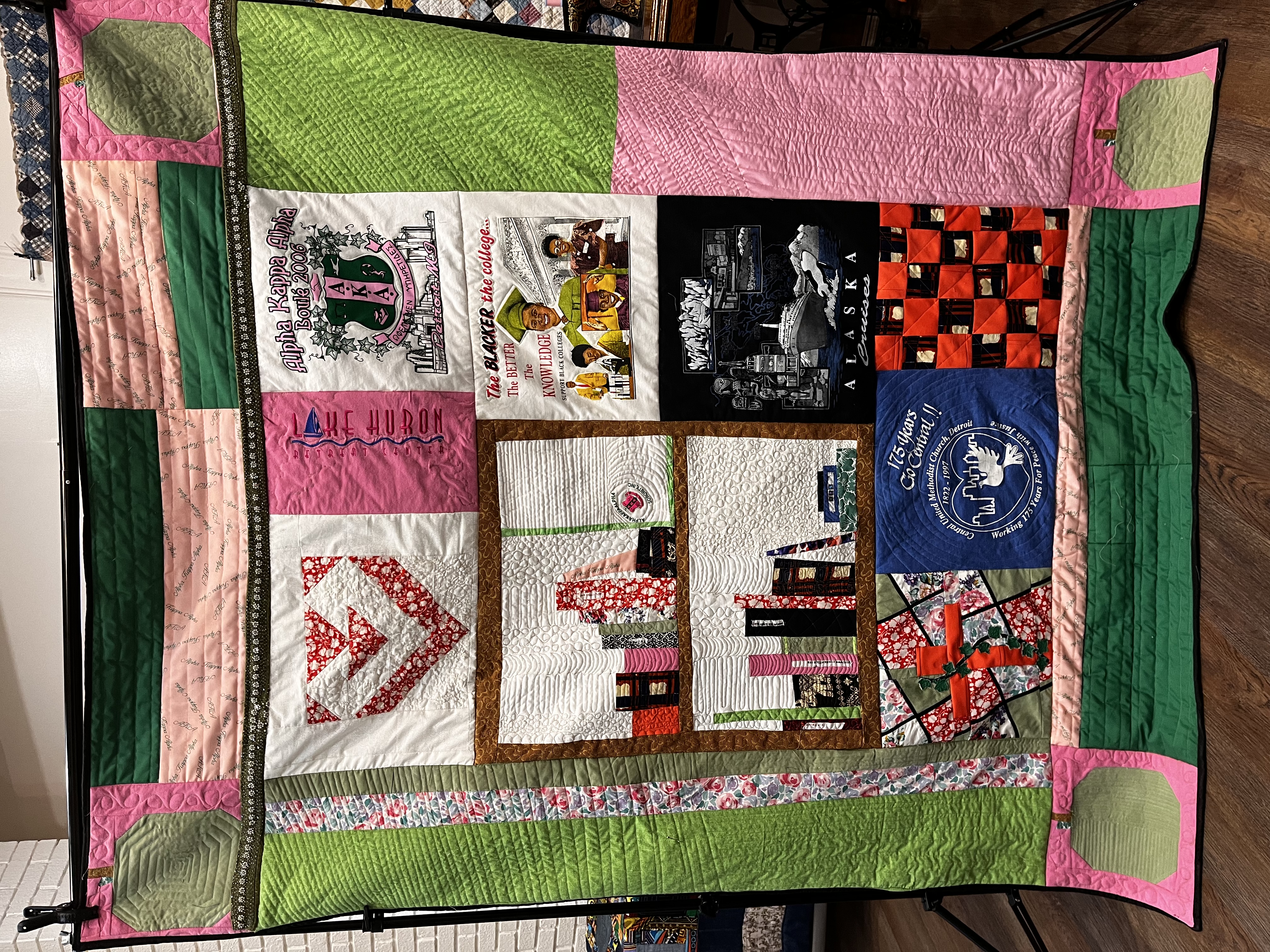 Keepsakes — memorial quilt materials (blue and orange clothing) prepared with care