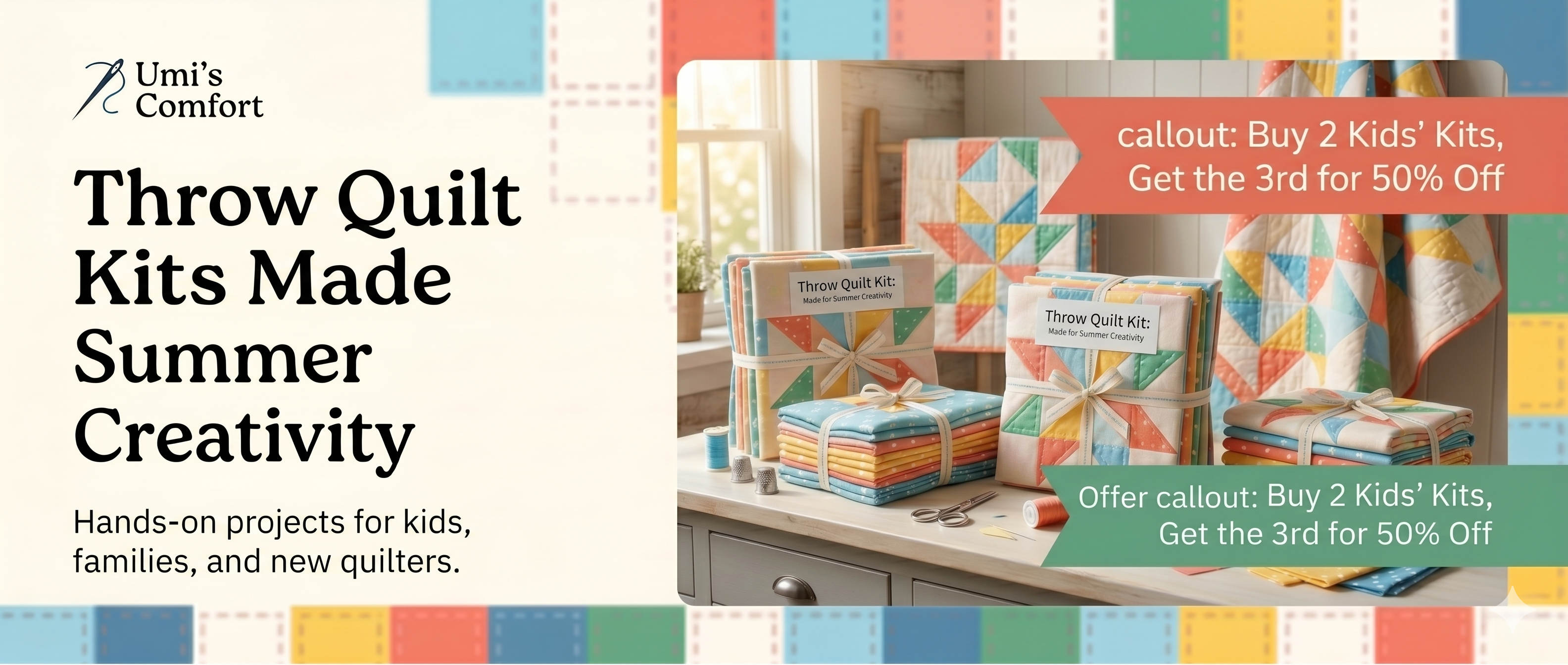 Stitching Summer Memories — throw quilt kits and summer class pass offer, June 15 through July 31